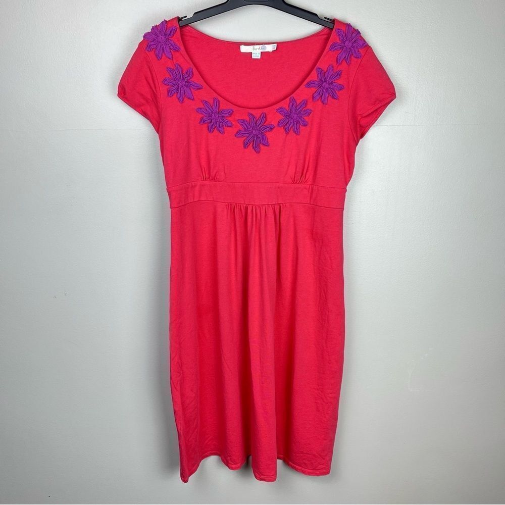 Boden Berry Pink Jersey Knit Dress with Rag Embroidered Flowers Size 8L US
